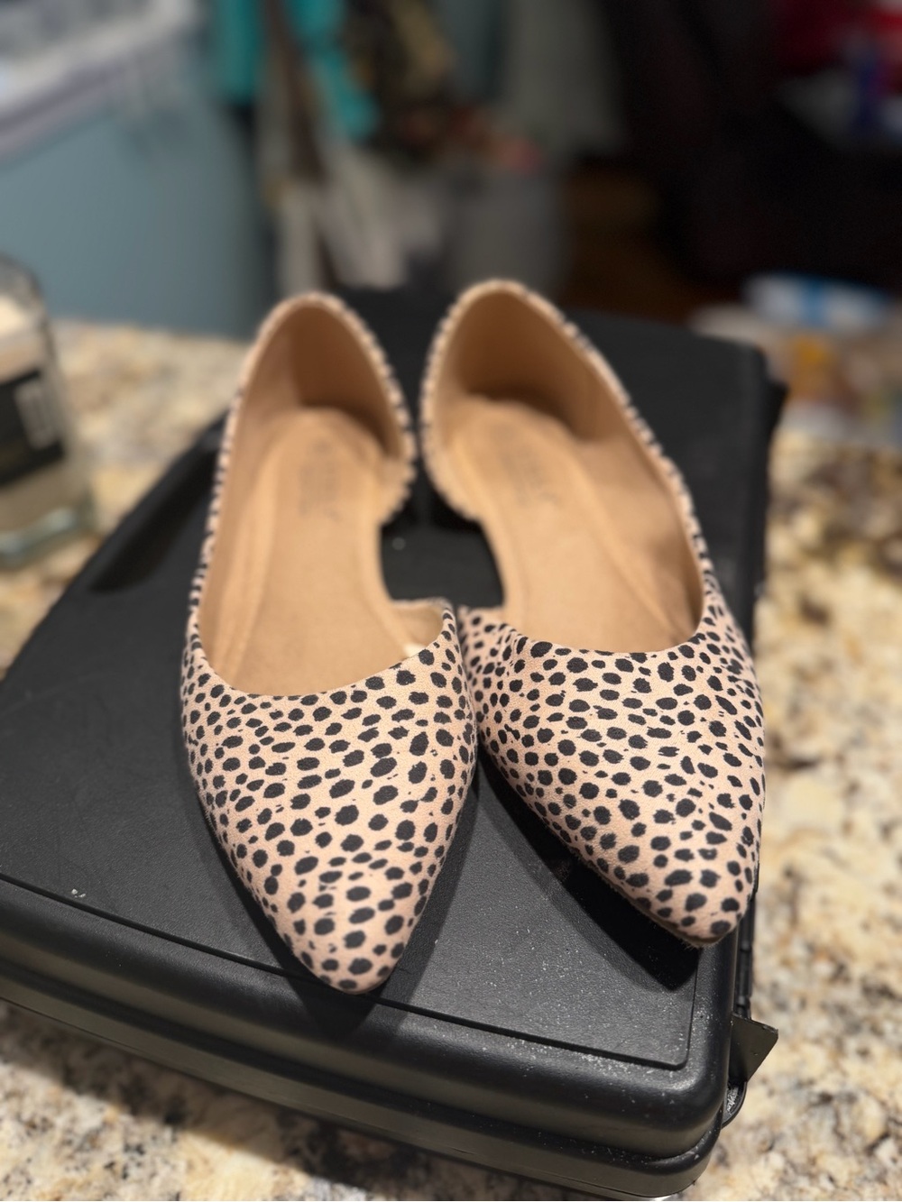 Pointed Leopard-Print Flats in Light Pink
